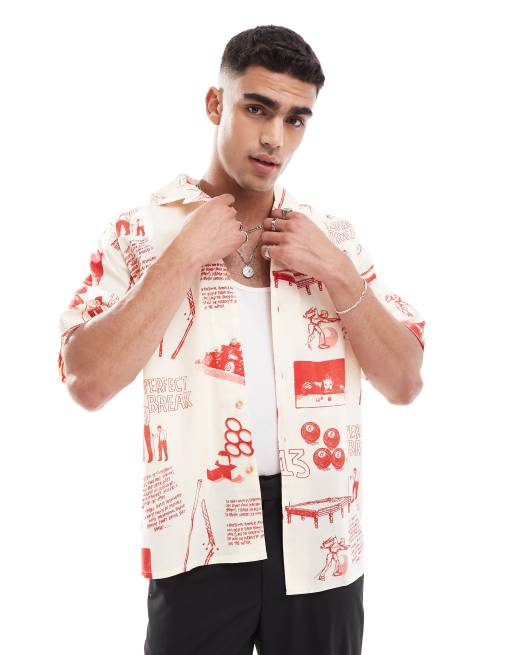 ASOS DESIGN - Camicia con collo a rever oversize écru con stampa di biliardo