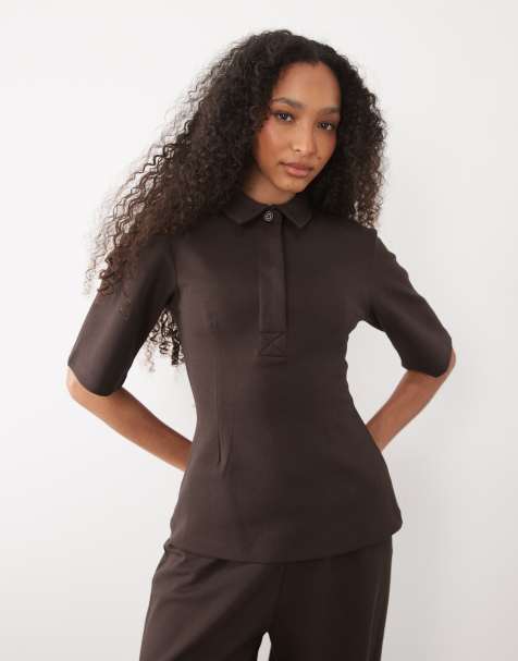 ASOS DESIGN - Camicia con fondo peplo stretta in vita in interlock color cioccolato in coordinato - view 1