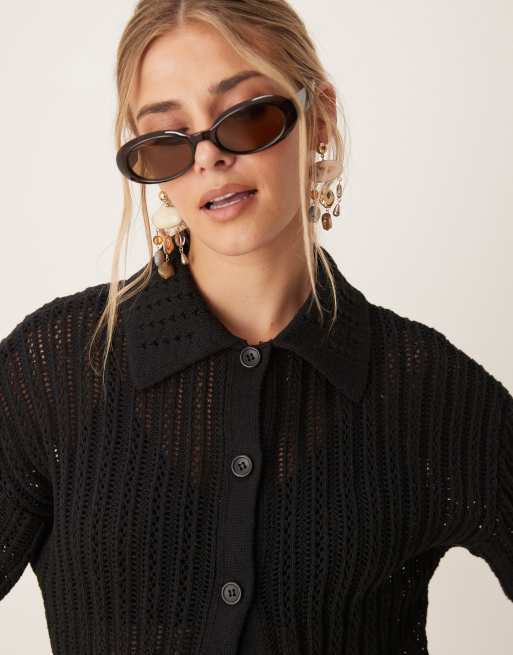 ASOS DESIGN - Camicia con lavorazione a punto traforato nera in coordinato 