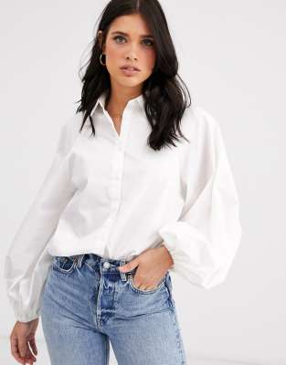 ASOS DESIGN - Camicia con maniche lunghe voluminose in cotone bianco