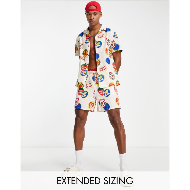 Asos Uomo Abbigliamento Camicie Camicie a maniche corte Camicia con rever vestibilità comoda in misto lino con stampa di etichette in coordinato 