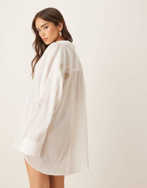 ASOS DESIGN - Camicia copricostume da mare in cotone effetto stropicciato bianca - view 1