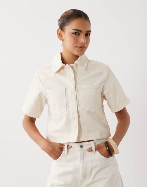 ASOS DESIGN - Camicia corta in denim color ecru