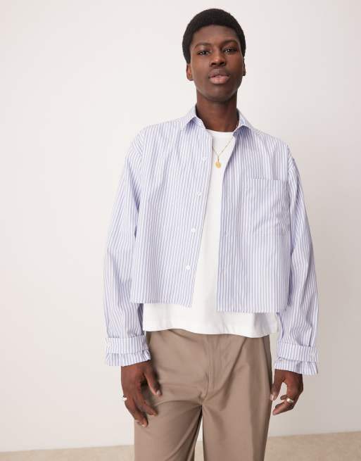 ASOS DESIGN - Camicia corta oversize voluminosa blu a righe con polsini decorati