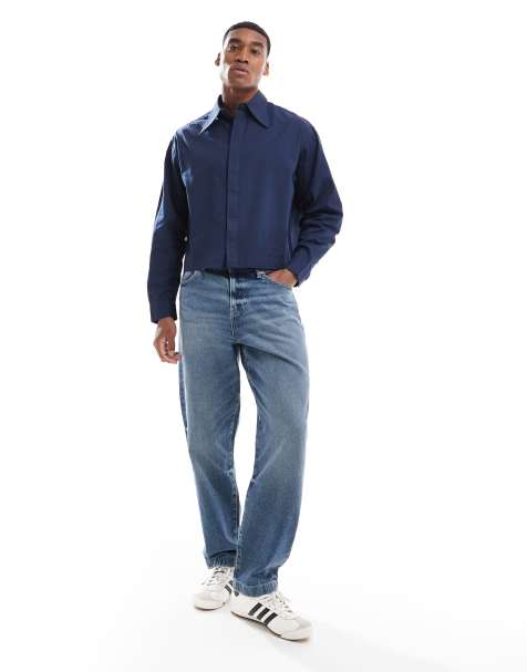 ASOS DESIGN - Camicia corta squadrata in popeline blu navy con colletto stile anni '70 - view 1