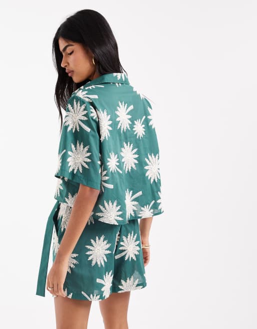 ASOS DESIGN - Camicia corta verde ricamata in coordinato, 4 di 4