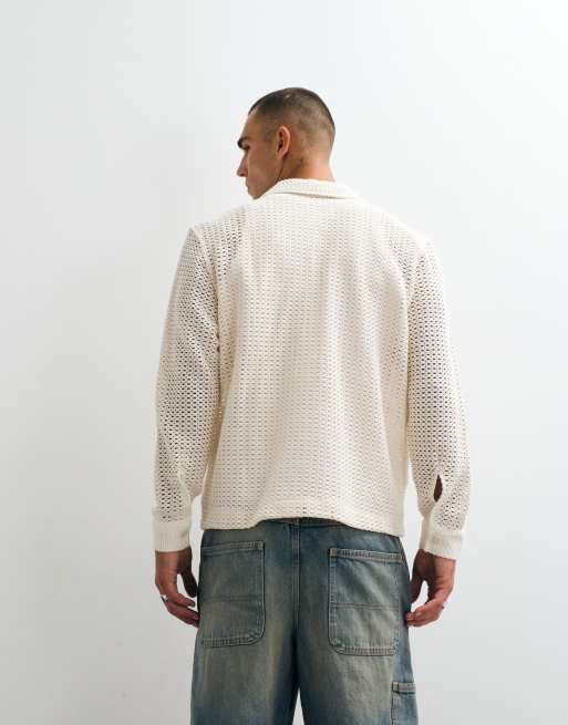 ASOS DESIGN camicia crochet relaxed con colletto a rever in écru, 4 di 5