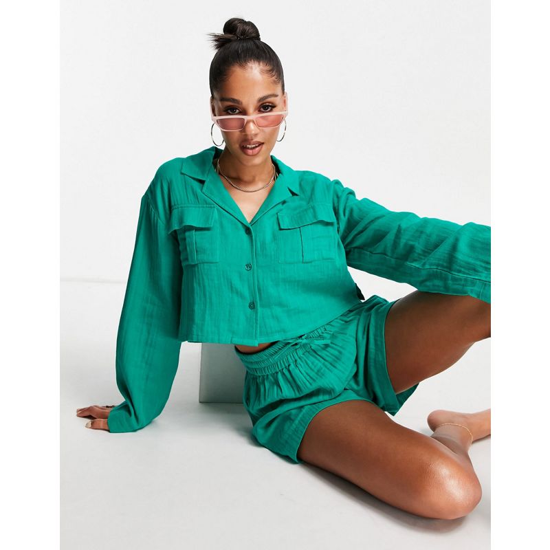 Camicie e bluse US1Wn DESIGN - Camicia da mare oversize con tasche verde smeraldo in garza doppiata in coordinato