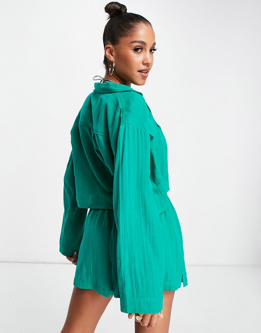 Camicia da mare oversize con tasche verde smeraldo in garza doppiata in coordinato - ASOS DESIGN Camicia donna  - immagine3