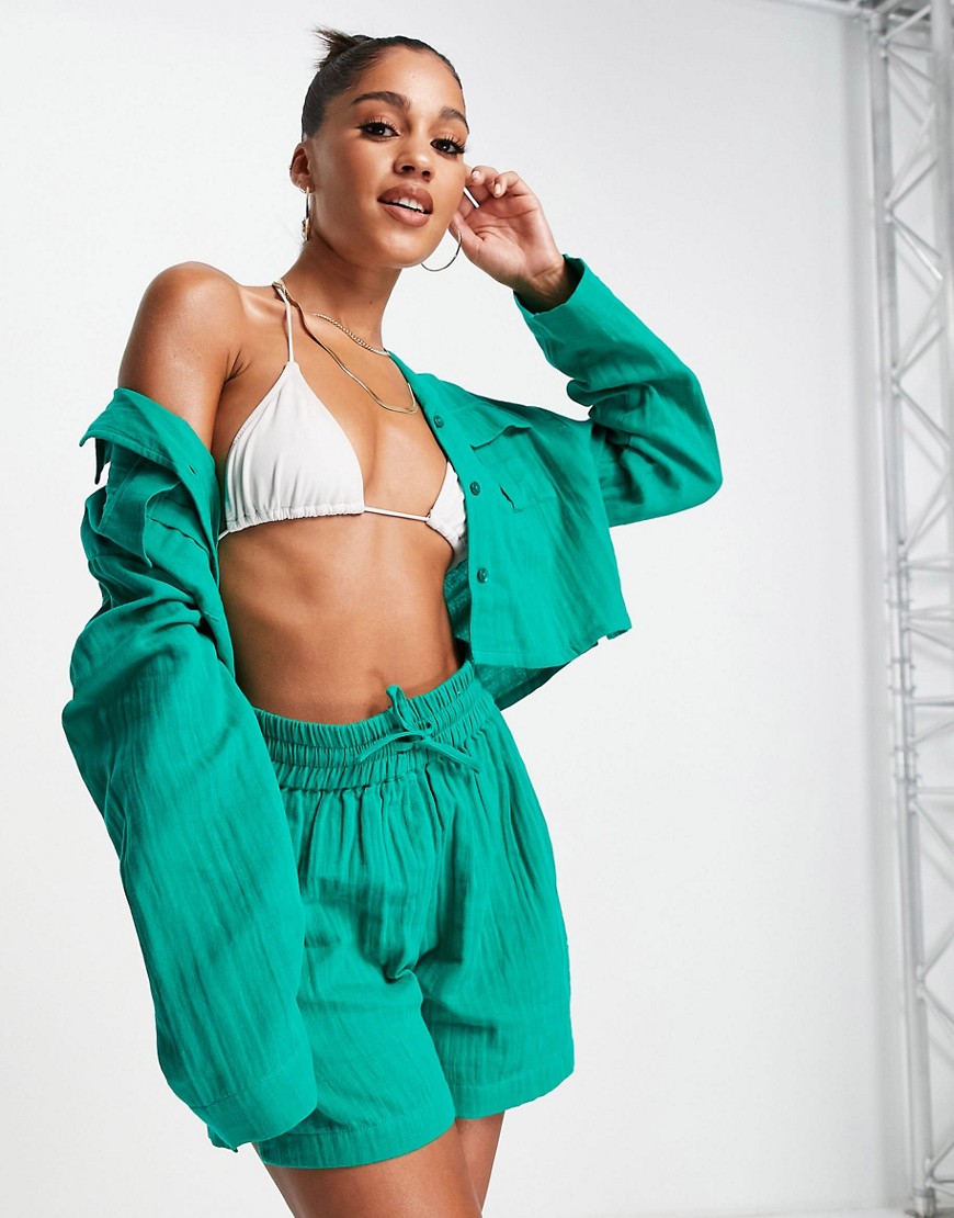 Camicia da mare oversize con tasche verde smeraldo in garza doppiata in coordinato - ASOS DESIGN Camicia donna  - immagine2