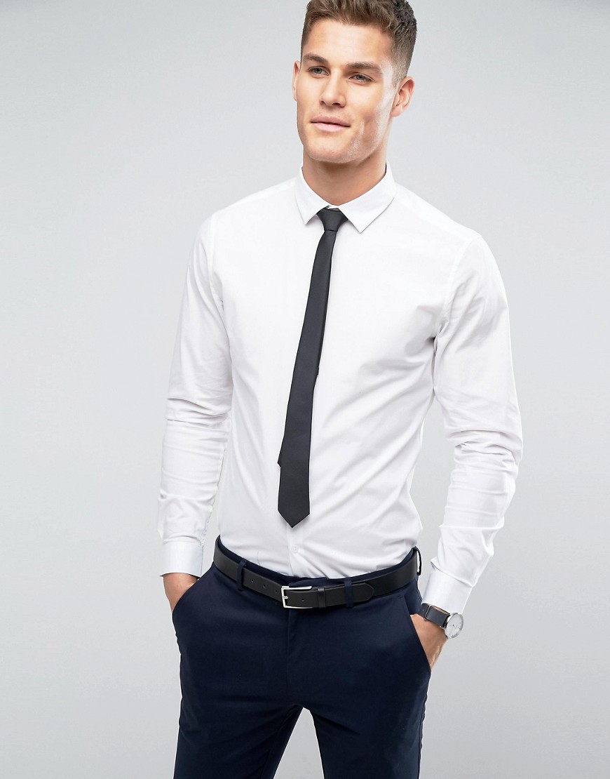 ASOS DESIGN - Camicia da matrimonio skinny elasticizzata bianca con cravatta da matrimonio nera - Risparmia-Bianco