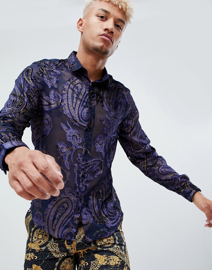 ASOS DESIGN - Camicia da sera vestibilità classica in velluto dévoré blu navy con stampa cachemire