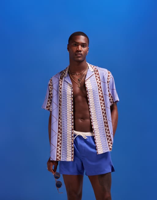 ASOS DESIGN - Camicia da spiaggia comoda viola con stampa a righe zig-zag e rever
