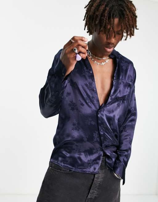 ASOS DESIGN - Camicia dalla vestibilità classica in jacquard blu navy a fiori