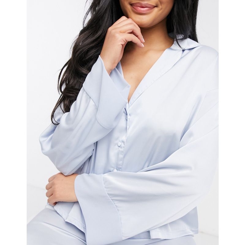 Intimo e abbigliamento notte Donna DESIGN - Camicia del pigiama mix & match in raso blu con polsini a contrasto
