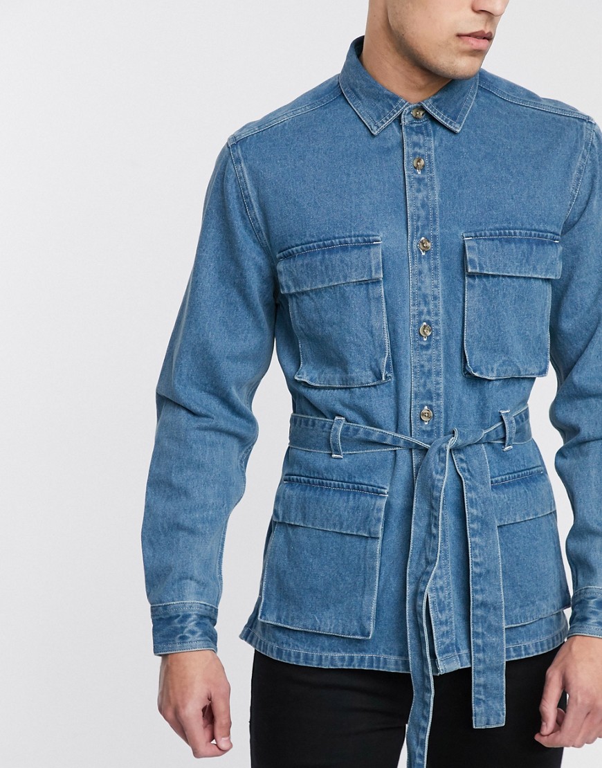 ASOS DESIGN - Camicia di jeans casual con cintura-Blu