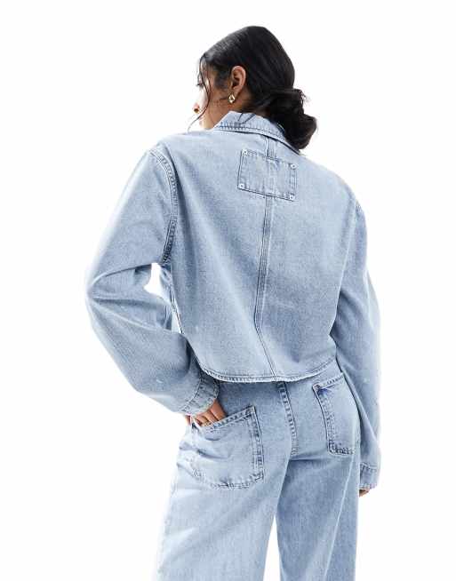 ASOS DESIGN - Camicia di jeans corta blu lavaggio medio, 2 di 4