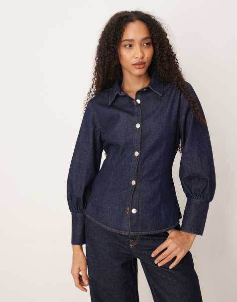 ASOS DESIGN - Camicia di jeans indaco con colletto e maniche a sbuffo - view 1