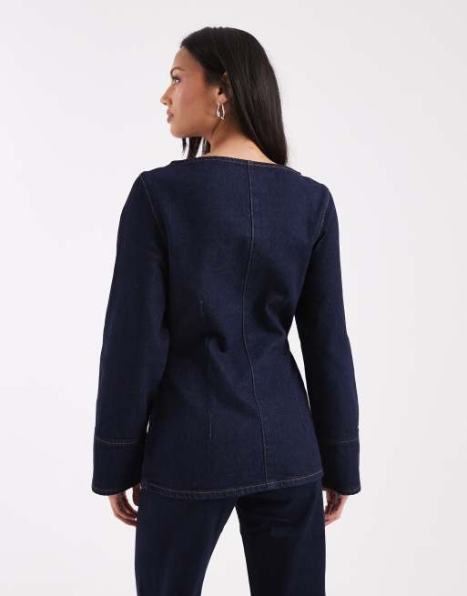 ASOS DESIGN - Camicia di jeans nera con abbottonatura asimmetrica, 4 di 4