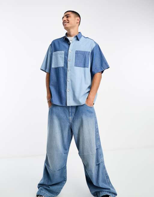 ASOS DESIGN - Camicia di jeans oversize squadrata lavaggio blu color block