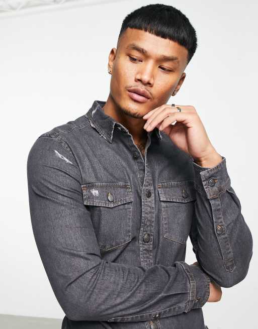 ASOS DESIGN - Camicia di jeans skinny con strappi, colore nero slavato