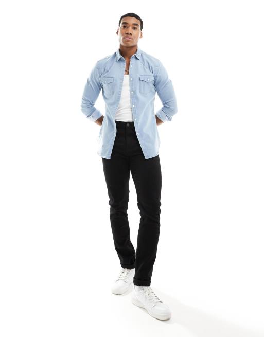 ASOS DESIGN - Camicia di jeans skinny lavaggio blu chiaro stile western, 3 di 4