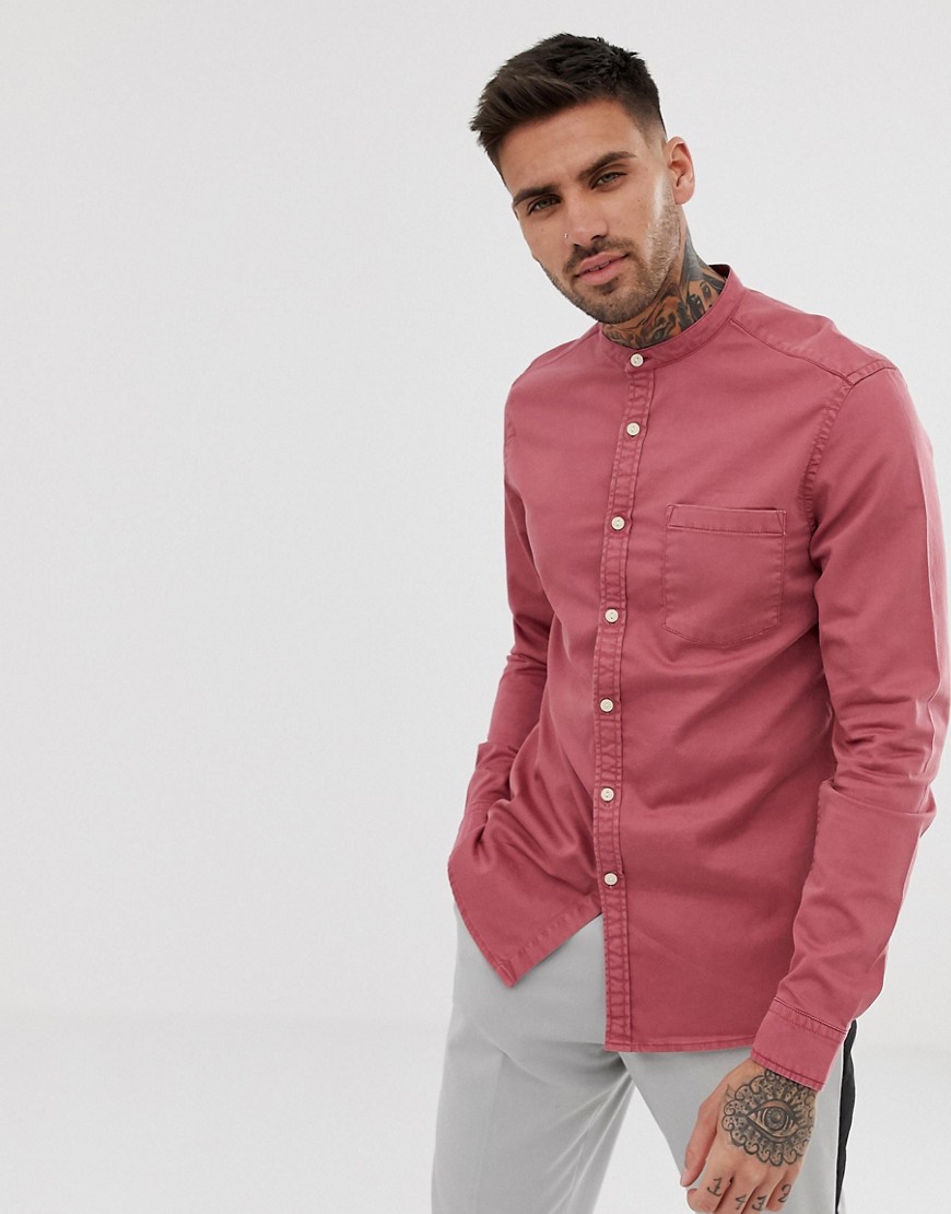 ASOS DESIGN - Camicia di jeans slim elasticizzata rosa con collo serafino