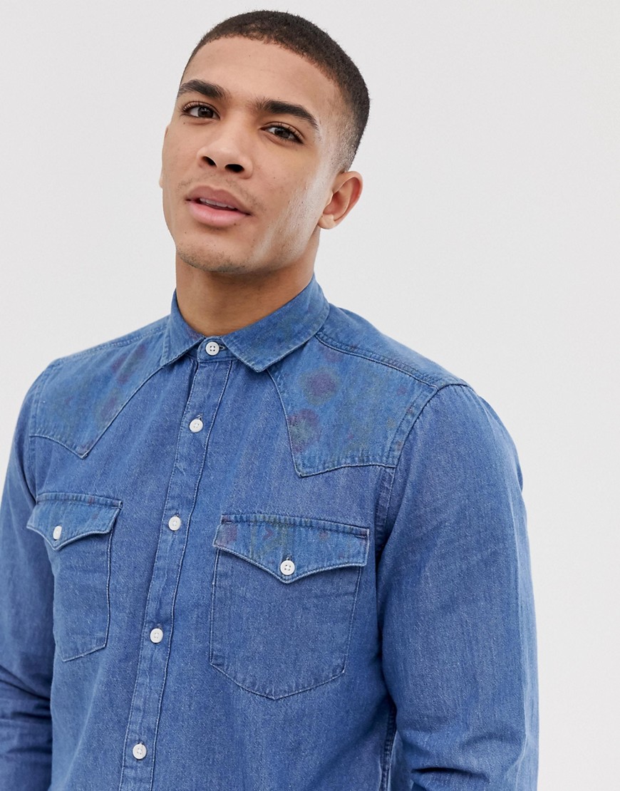 ASOS DESIGN - Camicia di jeans stile western con stampa azteca vestibilità classica-Blu