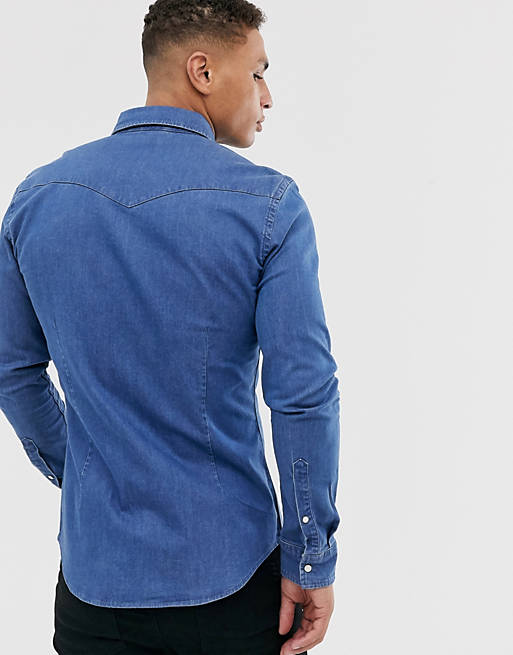 Camicia di jeans skinny lavaggio medio stile western Asos Uomo Abbigliamento Camicie Camicie denim 