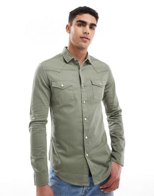 ASOS DESIGN skinny fit western denim shirt in green - ASOS Price Checker