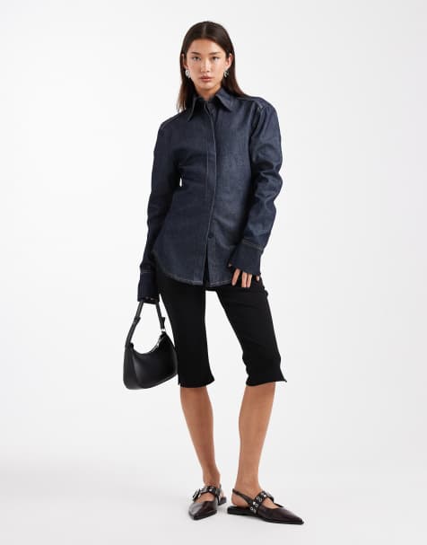 ASOS DESIGN - Camicia di jeans stretta in vita lavaggio inchiostro con spalle imbottite - view 1