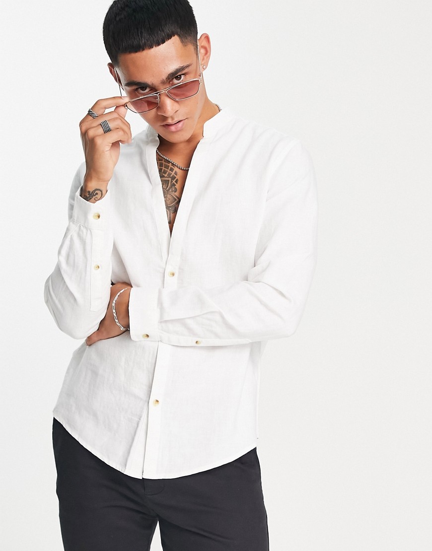 Camicia di lino con collo serafino bianca vestibilità classica-Bianco - ASOS DESIGN Camicia donna  - immagine2