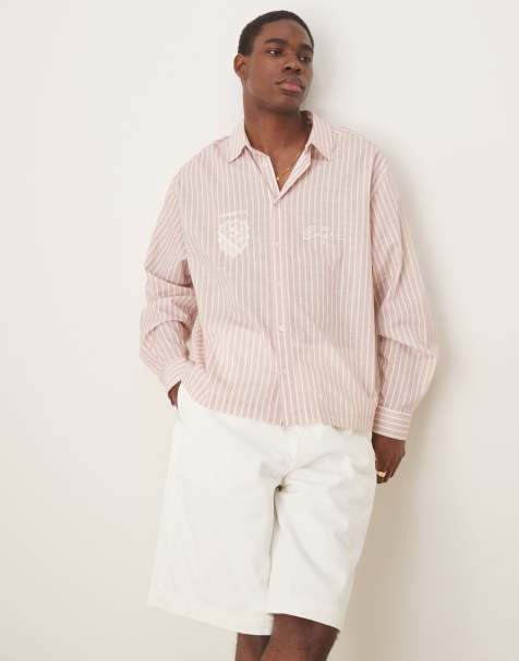 ASOS DESIGN - Camicia effetto lino rosa a righe con ricamo - view 1