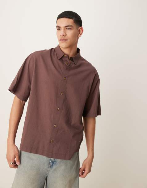 ASOS DESIGN - Camicia effetto lino squadrata oversize marrone - view 1