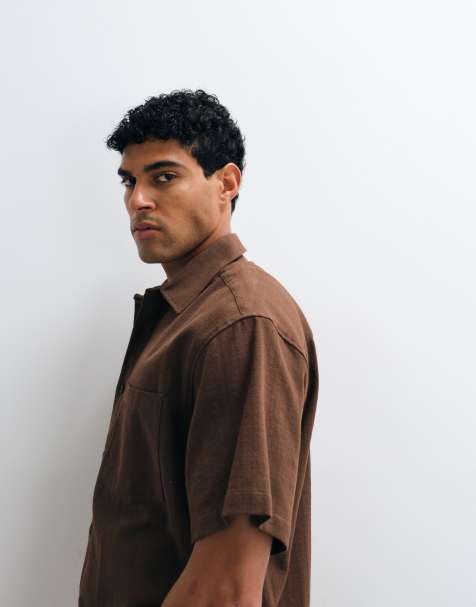 ASOS DESIGN - Camicia effetto lino squadrata oversize marrone - view 1
