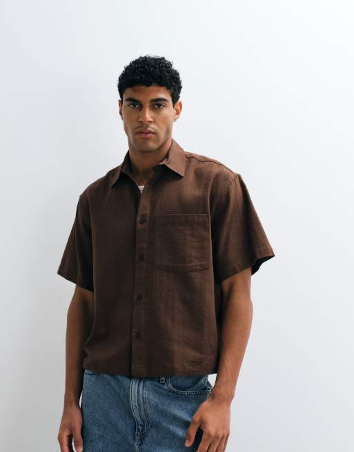 ASOS DESIGN - Camicia effetto lino squadrata oversize marrone, 4 di 5
