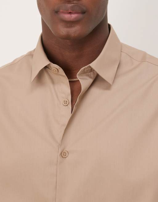 ASOS DESIGN - Camicia elegante regular fit marrone in tessuto facile da stirare, 3 di 4