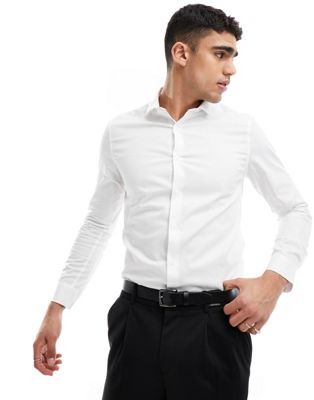 ASOS DESIGN slim smart shirt with cutaway collar in white lightweight texture  - ASOS Price Checker
