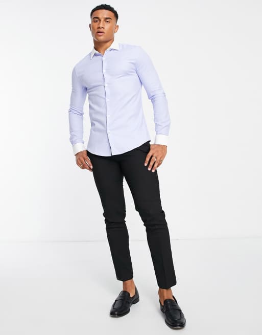 ASOS DESIGN Camicia elegante slim in tessuto testurizzato blu con polsini doppi a contrasto ASOS