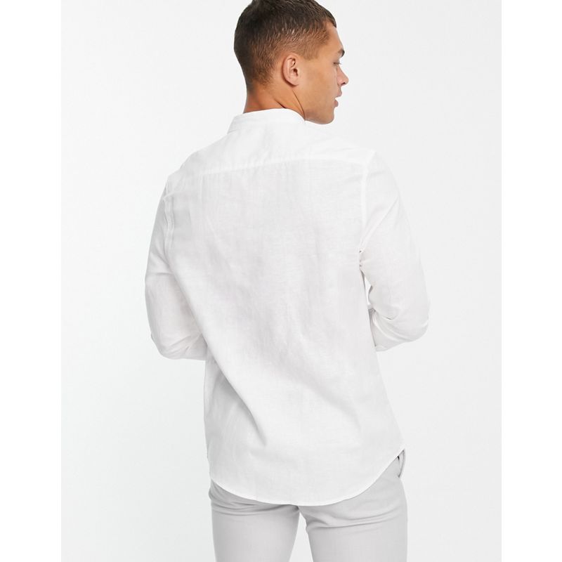 ZcaBZ Uomo DESIGN - Camicia elegante vestibilità classica con collo alla coreana in lino bianco