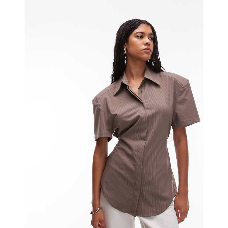 Y2k - Camicia corta a righe da donna, a maniche lunghe, con spalle cadenti, girocollo, stile fata grunge, streetwear, Spalla goccia Blu, S