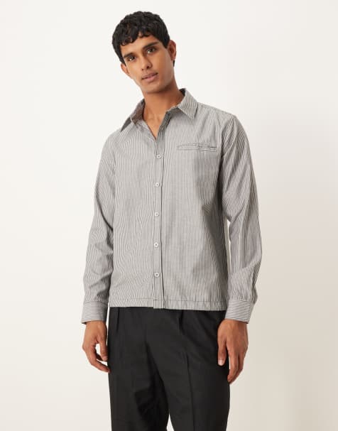 ASOS DESIGN - Camicia giacca a maniche lunghe antracite a righe con colletto squadrato - view 1