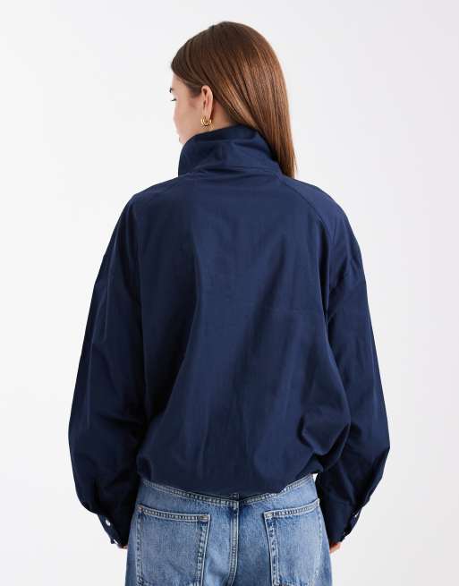 ASOS DESIGN - Camicia giacca con collo a imbuto in popeline blu navy, 4 di 4