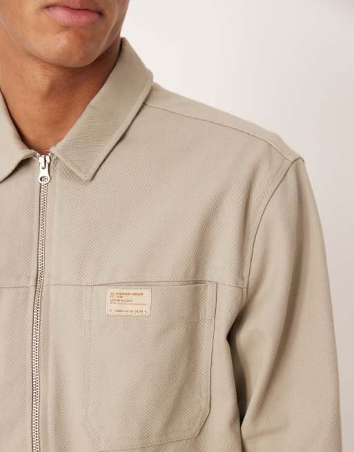 ASOS DESIGN - Camicia giacca in cotone beige con zip e stemma sul petto, 5 di 5