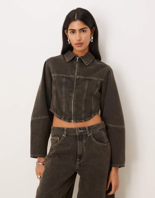ASOS DESIGN - Camicia giacca in denim marrone stile corsetto in coordinato