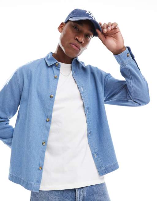 ASOS DESIGN - Camicia giacca in denim squadrata blu con cuciture a contrasto