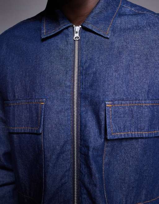 ASOS DESIGN - Camicia giacca in denim squadrata blu con tasche applicate, 4 di 4