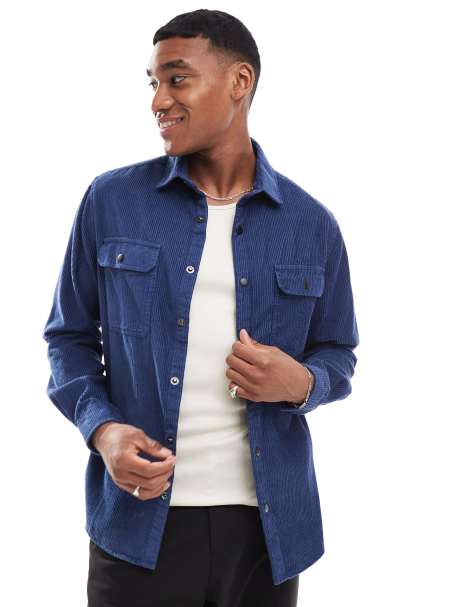 ASOS DESIGN - Camicia giacca in tessuto a coste blu navy con bottoni a pressione - view 1