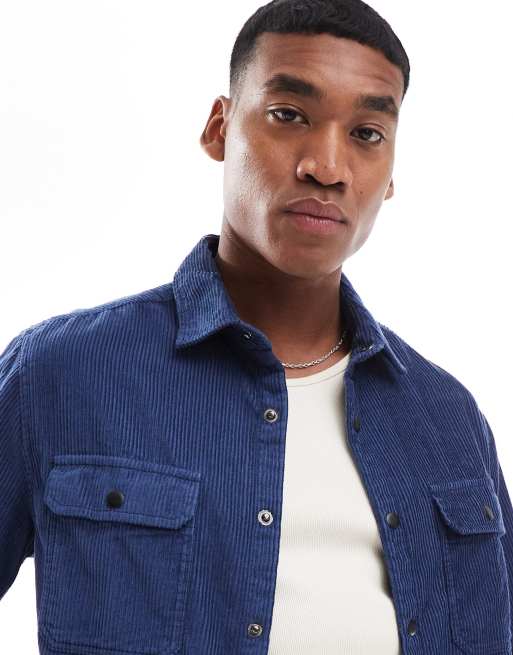 ASOS DESIGN - Camicia giacca in tessuto a coste blu navy con bottoni a pressione, 3 di 4