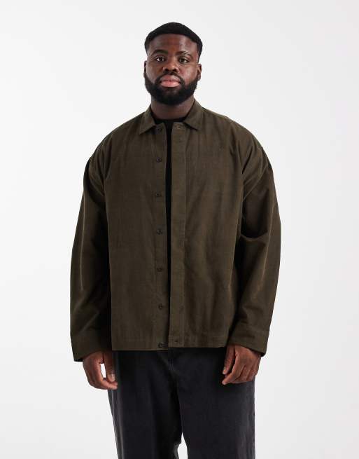 ASOS DESIGN - Camicia giacca in tessuto a coste kaki scuro con bottoni nascosti, 2 di 6